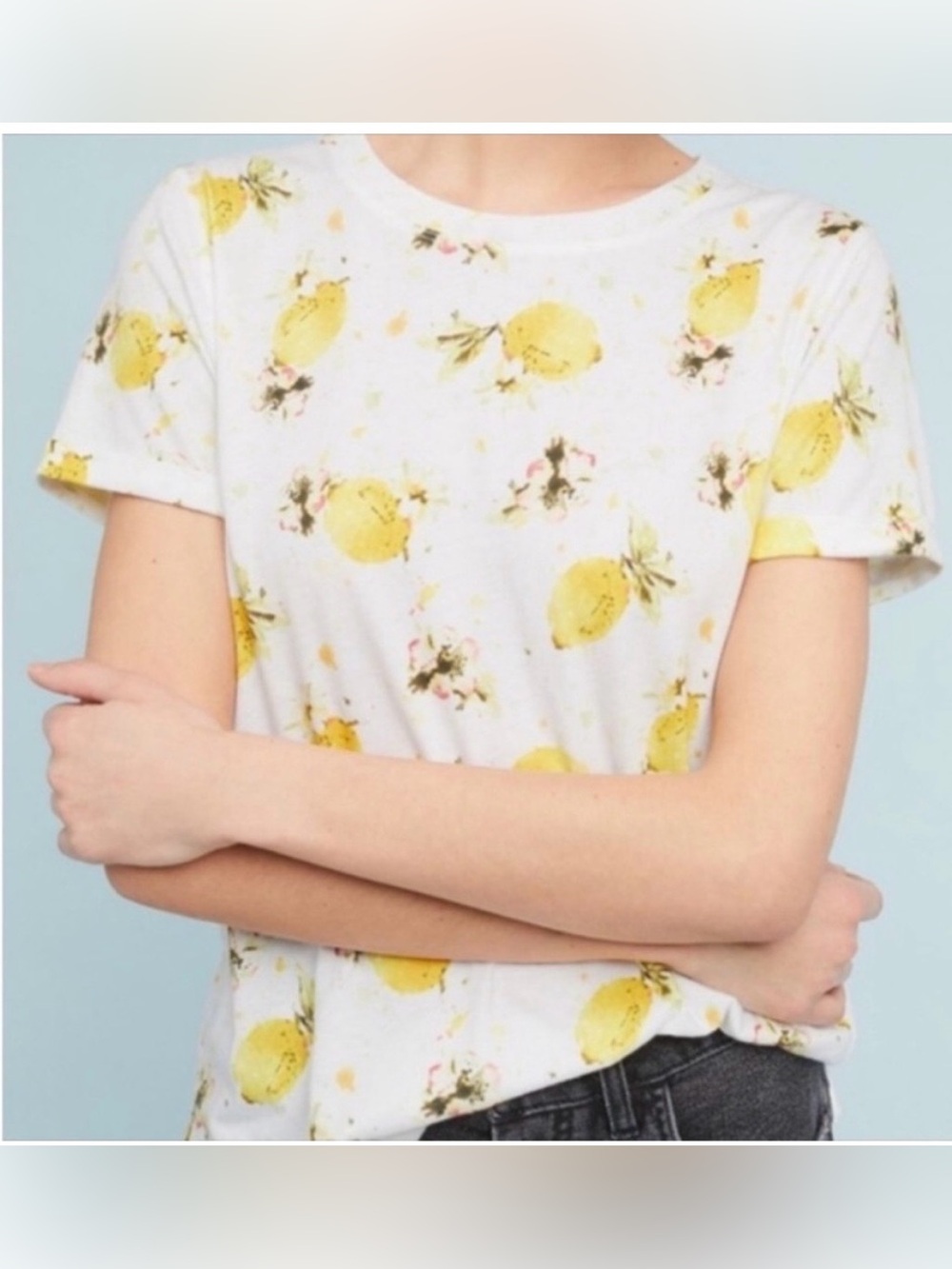 MEADOW RUE By ANTHROPOLOGIE Coquette Casual Lemon Print Short SLV Top- Tee SZ S